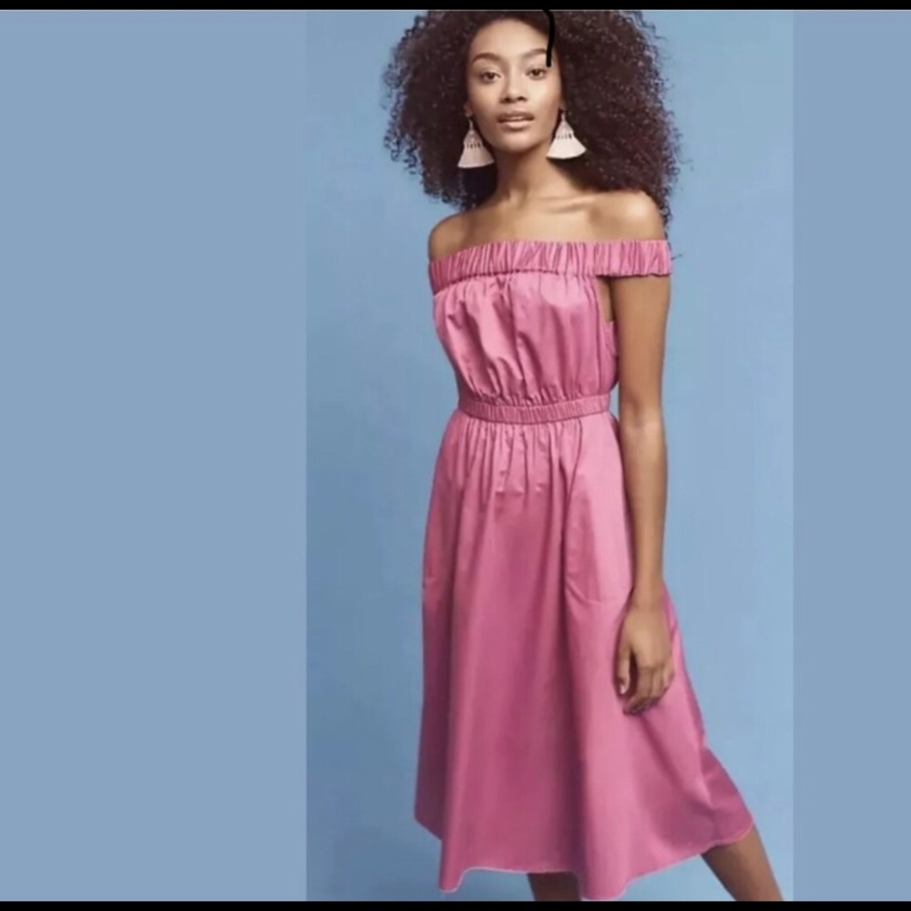 Anthro Maeve off-shoulder pink mid-length dress